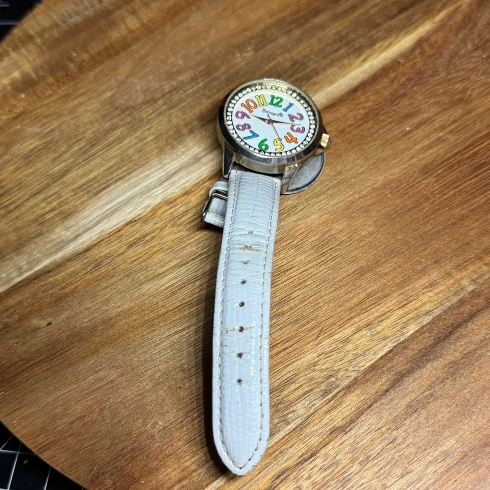 Betseyville Rainbow Rhinestone Watch White Croc Strap Gold Tone Case BV6032